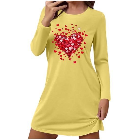Cavosen Valentine's Day Womens Holiday Pajamas Long Sleeve Cute Crew Neck Shirt Pants Heart Printed Lightweight Comfy Nightwear Yellow S