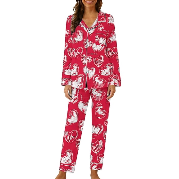 Cavosen Valentine's Day Womens Holiday Pajamas Long Sleeve Cute Lapel Shirt Wide Leg Pants Heart Printed Lightweight Comfy Loungewear Red 2XL
