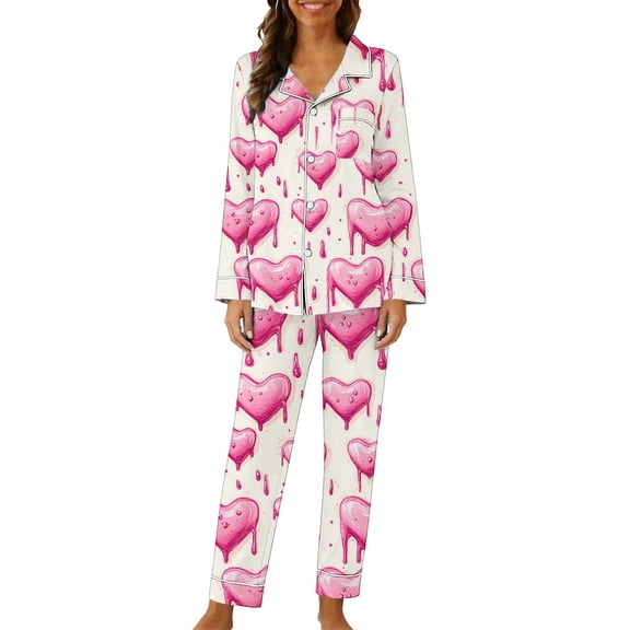 Cavosen Valentine's Day Womens Plus Size Pajamas Long Sleeve Soft Lapel Shirt Wide Leg Pants Heart Printed Breathable Casual Nightwear Red 2XL