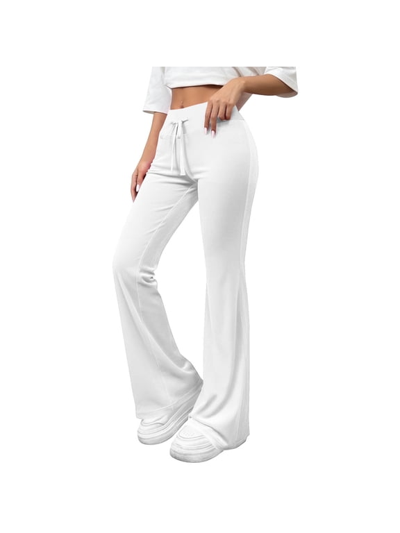 Velvet Pants Women Plus Size Flare Trousers Solid Elastic Waist Bottom Office Pants White 2XL