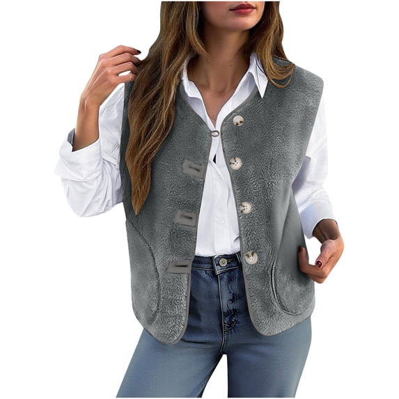 Cavosen Vest Women V Neck Sleeveless Fleece Vest with Pocket Button Hooded Solid Loose Jacket Windproof Warm Winter Outerwear