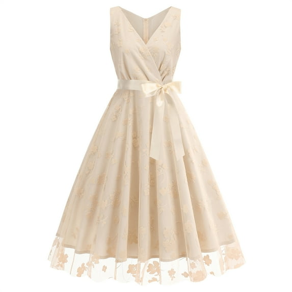 Cavosen Vintage Dresses for Women 1950 Beige Retro Sleeveless V Neck Knot Belt A-Line Tea Length Dresses Floral Print Elegant Bodycon Rockabilly Cocktail Party Dress Summer L