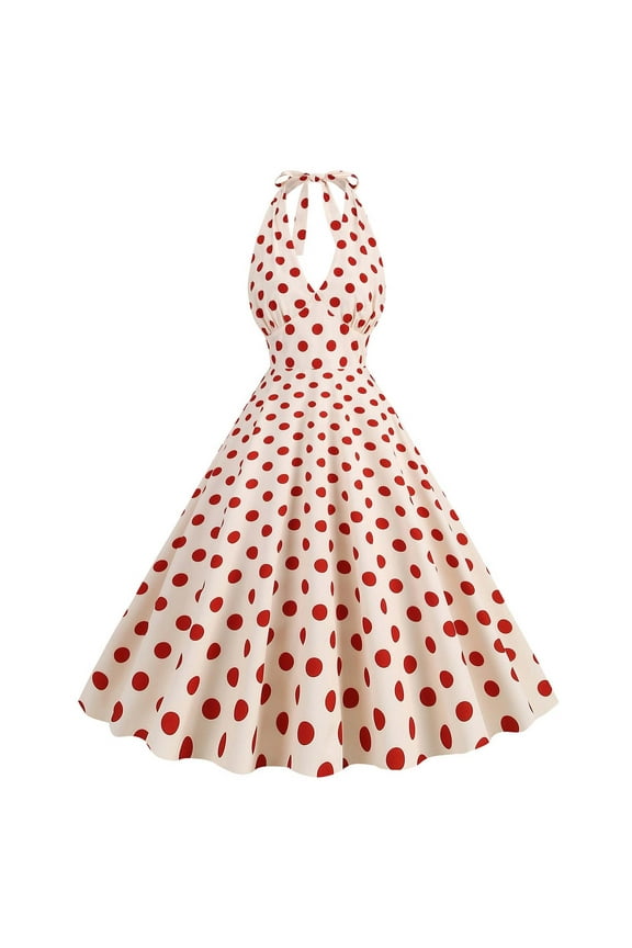 Vintage Dresses for Women 1950 Halter Neck Retro Polka Dots Midi Tea Dress Sleeveless Knee Length Party Dress A Line Cocktail Dress Bowknot Evening Prom Gown Fit and Flare Dress