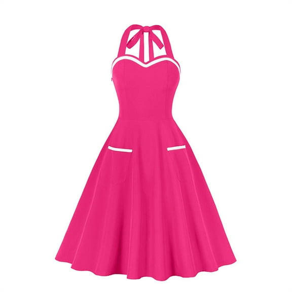 Cavosen Vintage Dresses for Women 1950 Pink Retro Sleeveless Halter Neck Drawstring with Pocket A-Line Tea Length Dresses Solid Elegant Bodycon Rockabilly Cocktail Party Dress XL