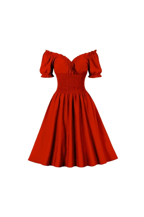 Vintage Dresses for Women 50s Midi Dresses V Neck Retro Plain Tea Dress Short Puff Sleeve Knee Length Party Dress A Line Cocktail Dress Elastic Waist Off Shoulder Evening Prom Gown