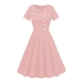 thumbnail image 1 of Cavosen Vintage Dresses for Women 50s Pink Retro Short Sleeve Crewneck Collar Button Front Zipper Back A-Line Tea Length Dresses Solid Elegant Bodycon Cocktail Party Dress S, 1 of 6