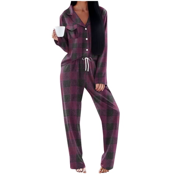 Cavosen Warm Pajamas for Women Notch CollarLong Sleeve Pajama Set Solid Plaid Loungewear Comfortable Sleepwear with Pocket