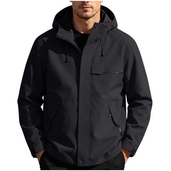 Cavosen Water Repellent Rain Jacket Men Zipper Raincoat with Hood Packable Drawstring Ripstop Jacket Outdoor Hiking Windbreaker Trench Coats