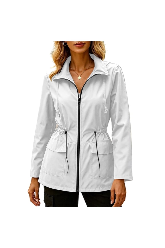 Waterproof Rain Jacket Lightweight Long Raincoat with Hood Packable Drawstring Ripstop Solid Jacket Outdoor Windbreaker Trench Coats