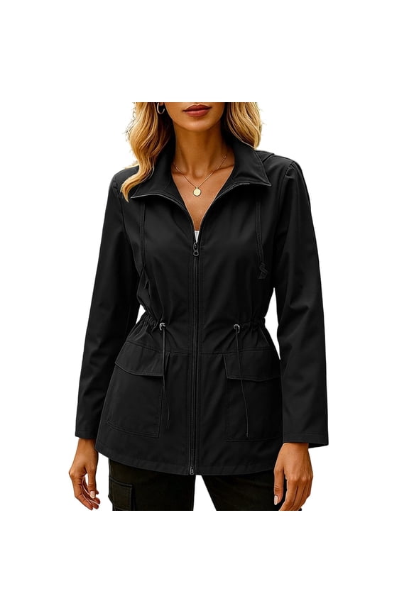 Waterproof Rain Jacket Lightweight Long Raincoat with Hood Packable Drawstring Ripstop Solid Jacket Outdoor Windbreaker Trench Coats