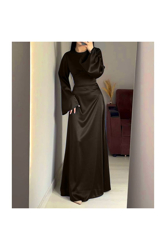 Wedding Dresses for Bride with Long Sleeve Brown Satin Elegant Kimonos Sleeve Long Dress Round Neck Solid Floor Length Maxi Dress Flowy Bodycon Wrap Party Dress Evening Prom