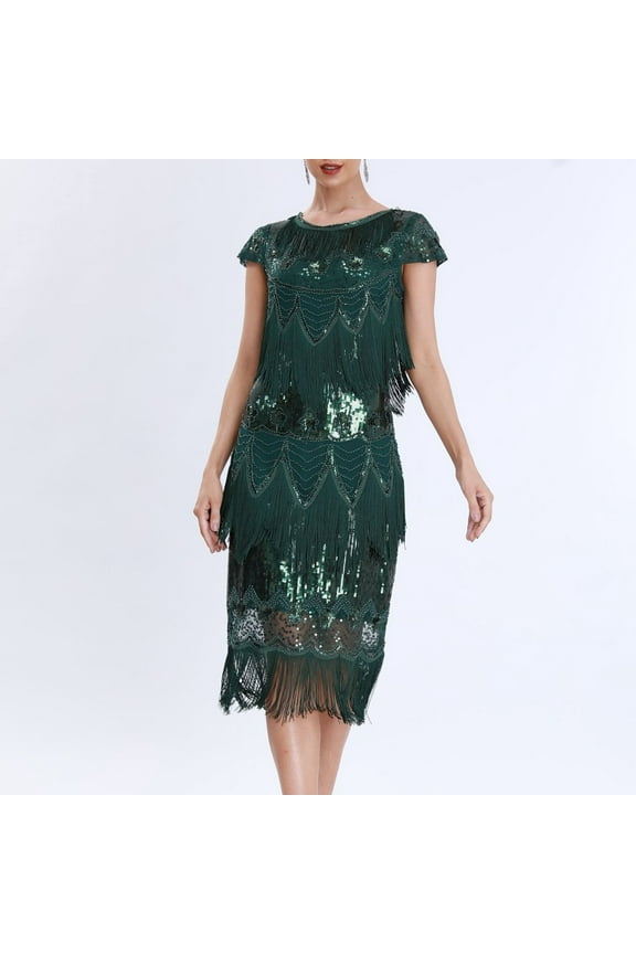 Wedding Dresses for Bride Sleeveless Green Sequin Tassel Elegant 1920s Dress Crew Neck Glitter Fringe Knee Length Midi Dress Flowy Sparkly Vintage Bodycon Wrap Party Dress