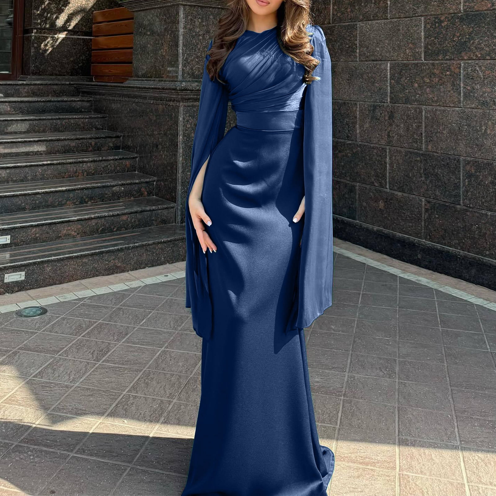 blue long sleeve flowy dress Blue Sweater Maxi Dress | Pleated Satin Skirt