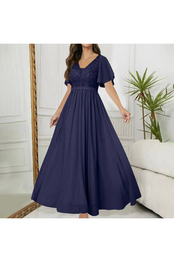 Wedding Guest Dresses for Women Formal Long Blue Mesh Elegant Short Sleeve A-Line Long Dress V-Neck Solid Floor Length Maxi Dress Flowy Bodycon Wrap Party Dress Evening Prom