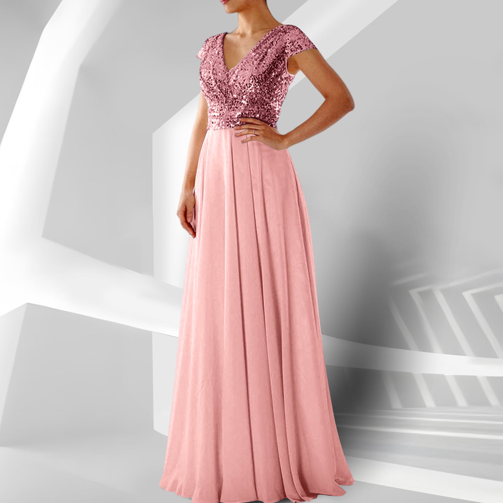 Cavosen Wedding Guest Dresses for Women Formal Long Pink Sequin Elegant Sleeveless Long Dress V-Neck Chiffon Patchwork Floor Length Maxi Dress Flowy