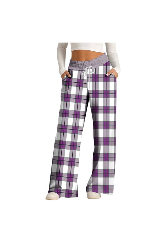 Wide Leg Lounge Pants for Women Baggy Trousers Plaid Palazzo Elastic Waist Sweatpants Drawstring Workout Pants