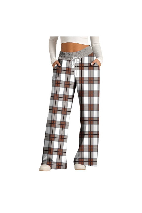 Wide Leg Lounge Pants for Women Baggy Trousers Plaid Palazzo Elastic Waist Sweatpants Drawstring Workout Pants