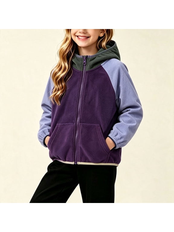 Winter Jackets Fleece Cuffed Sleeve Zip Up Soft Hoodie Warm Pull On Color Block Cardigan Trendy Coat