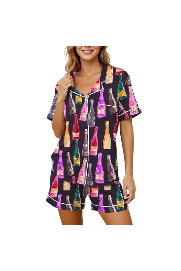 Women 2 Piece Sets Short Sleeves Lapel Cozy Pajama Set with Pocket Lightweight Nightwear Beer Print Trendy Sleepwear