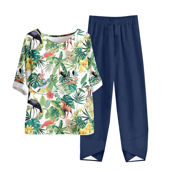 Cavosen Women Graphic T Shirts 2 Piece Plus Size Short Sleeve T Shirts Wide Leg Long Pants Floral Going Out Sets