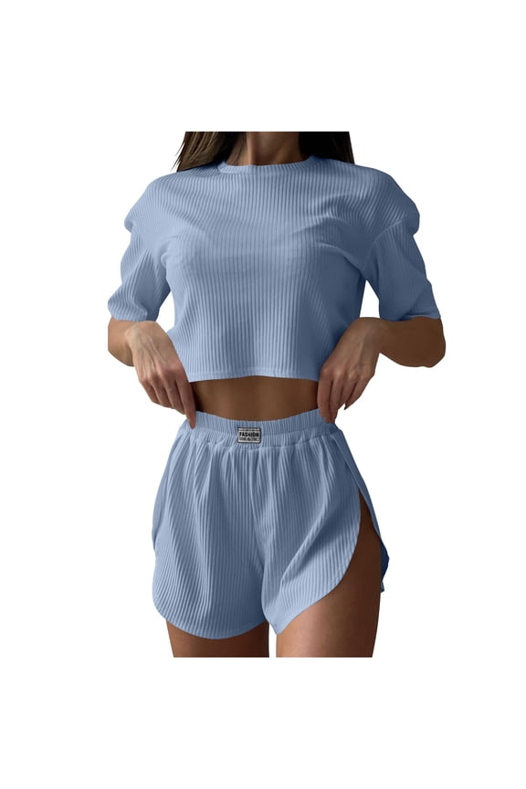 Women Pajama Set 2 Piece Knit Short Sleeves Cozy Lounge Set Lightweight Matching Set Solid Casual Sleepwear