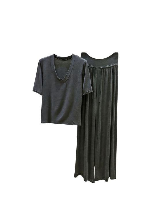 Women Pajamas Sets 2 Piece Trendy V Neck Short Sleeve Sleepwear with Loose Pants Solid Lightweight Loungewear Summer Comfortable Matching Set