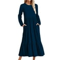 thumbnail image 1 of Cavosen Women' S Flowy Maxi Dress Blue Long Sleeve Trendy Dress Smocked Tiered Round Neck Ankle Length Long Dress Solid Pleated Casual Dress with Pocket Fall Winter Clothes M, 1 of 5