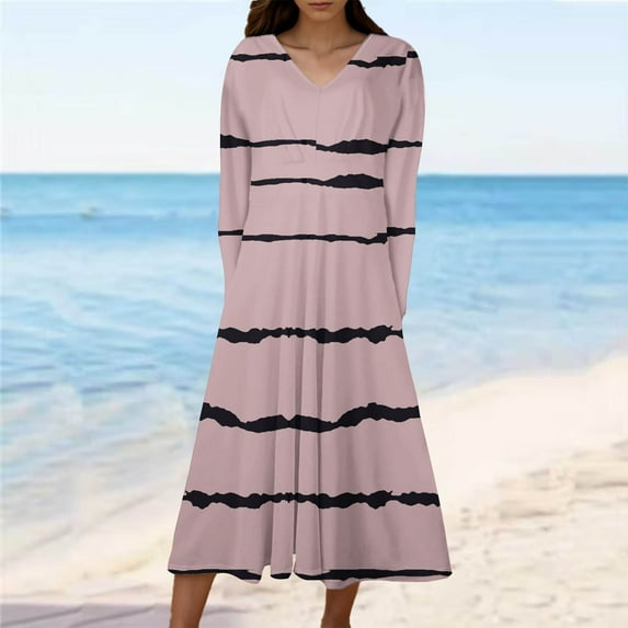 Cavosen Women' S Flowy Maxi Dress Pink Long Sleeve Fashion Dress High Waist V-Neck Calf Length Long Dress Striped Casual Dress Flowy Party Dresses Vacation Fall Winter Clothes M