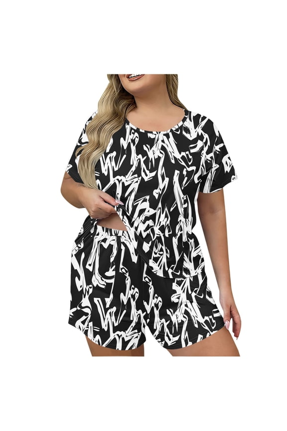 Women Sleepwear 2 Piece Short Sleeves Soft Pajama Set with Pocket Lightweight Loungewear Print Casual Nightwear