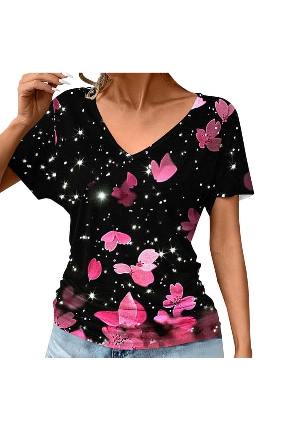Women Tops Short Sleeve Casual Summer Dolman Sleeve Ruched Dressy Shirts Pullover Tunic V Neck Loose Blouse Floral Print Fashion Tees Resort Comfy Vacation T Shirts XL