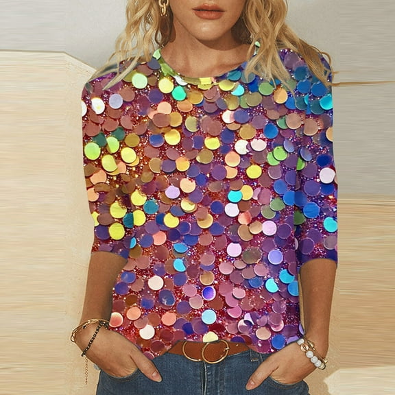 Cavosen Women's 3/4 Sleeve Tops and Blouses Glitter Sparkly Print Pullover Shirts Crewneck Shiny Blouse Party Tees Novelty Casual Dressy Elegant Evening T-Shirts Holiday XL