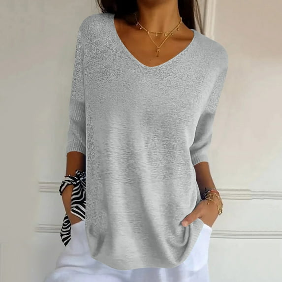 Cavosen Women's Casual Blouses for Summer V-Neck Half Sleeve Shirts Tunic Pullover Knitted Curved Hem Blouses Solid Color T Shirt Plus Size Tops Stylish Loose Tees Gray S