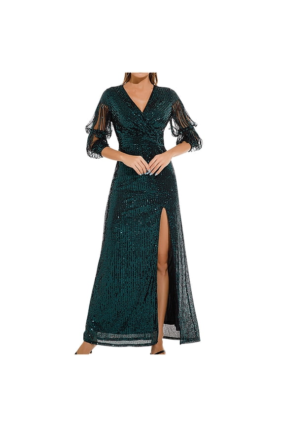 Women's Dress V Neck Lace Long Sleeve Maxi Evening Gowns Solid Ball Dress Elegant Wedding Guest Cocktail Party Dress