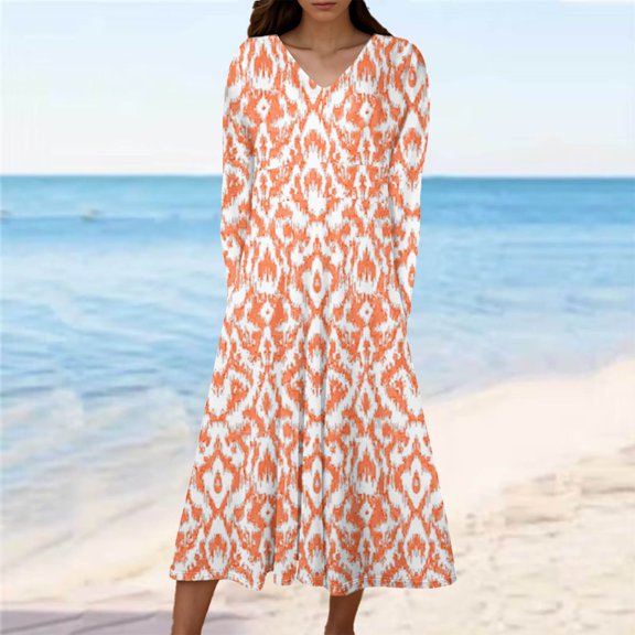 Cavosen Women's Fall Dresses Long Sleeves Orange Maxi Dress High Waist V-Neck Calf Length Long Dress Floral Print Casual Trendy Dress Party Vacation Fall Winter Clothes S