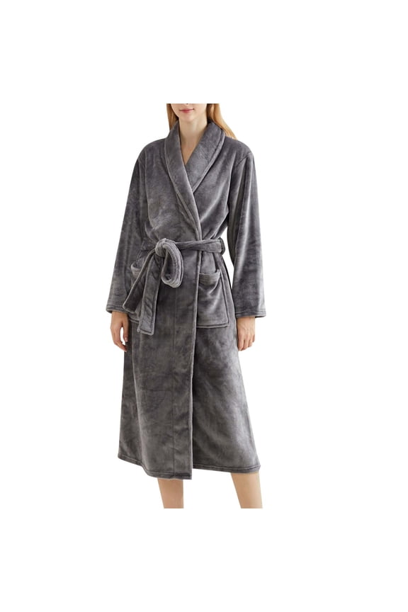 Women's Flannel Robes Lightweight Thicken Warm Bathrobe with Pocket Belt Soft Knee Length Housecoat