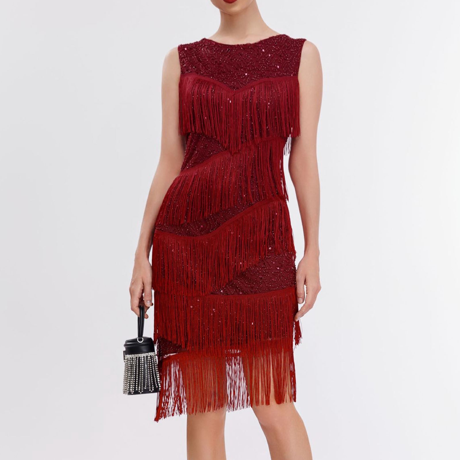 Cavosen Women's Formal Dresses Midi Red Sequin Tassel Elegant Sleeveless 1920s Party Dress Crew Neck Glitter Fringe Knee Length Dress Flowy Sparkly