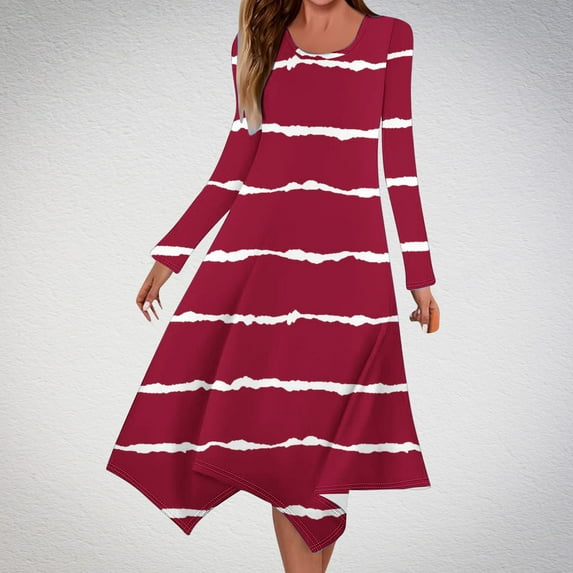 Cavosen Women's Going out Dresses Red Long Sleeve Maxi Dress Hankerchief Hem Crew Neck Calf Length Long Dress Striped Casual Trendy Dress Party Vacation Fall Winter Clothes XL