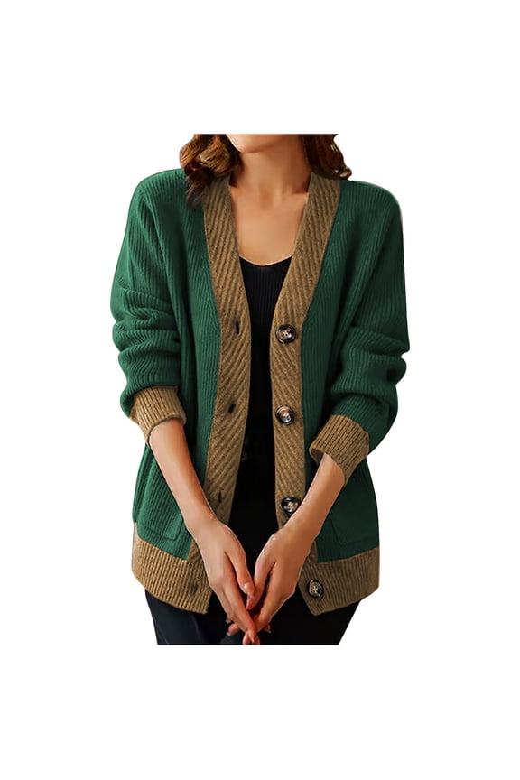 Women's Knit Sweaters Button Down Tunic Length Cardigan with Pocket Long Sleeve Stretch Color Block Outerwear Coats