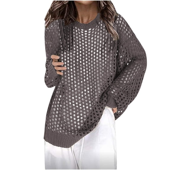 Cavosen Women's Knit Sweaters Crew Neck Short Length Cable Knit Pullover Mesh Long Sleeve Stretch Breathable Outerwear Coats