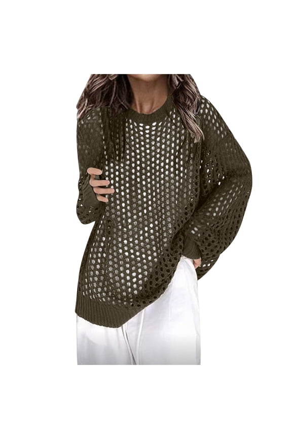 Women's Knit Sweaters Crew Neck Short Length Cable Knit Pullover Mesh Long Sleeve Stretch Breathable Outerwear Coats