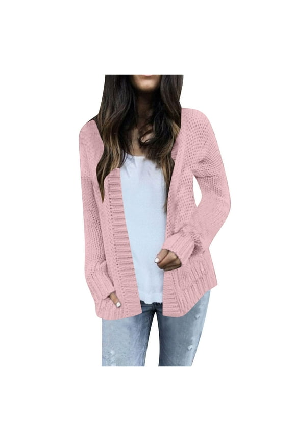 Women's Knit Sweaters Short Length Cardigan with Pocket Long Sleeve Stretch Open Front Outerwear Coats