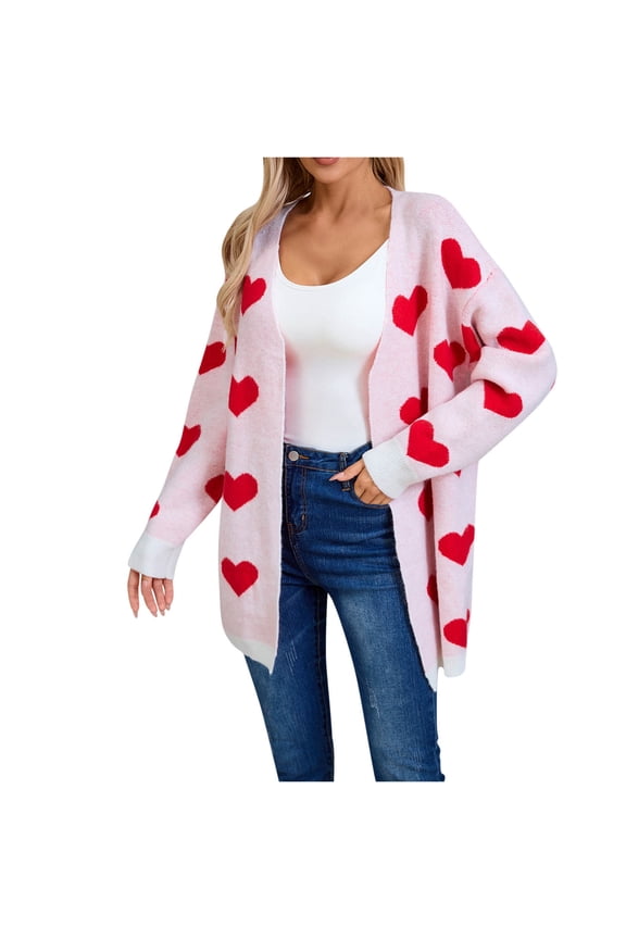 Women's Knit Sweaters Tunic Length Heart Graphic Cardigan with Pocket Long Sleeve Stretch Outerwear Coats