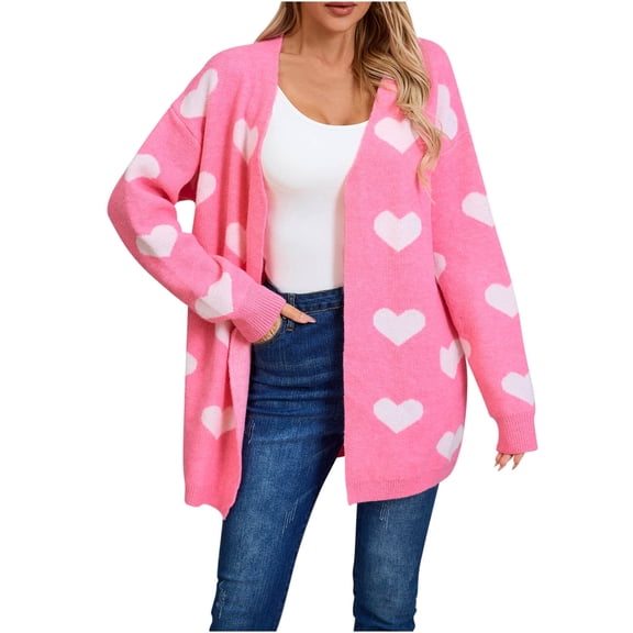 Cavosen Women's Knit Sweaters Tunic Length Heart Graphic Cardigan with Pocket Long Sleeve Stretch Outerwear Coats