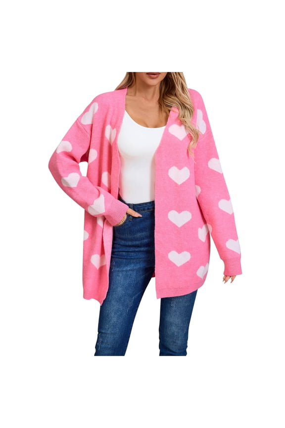 Women's Knit Sweaters Tunic Length Heart Graphic Cardigan with Pocket Long Sleeve Stretch Outerwear Coats