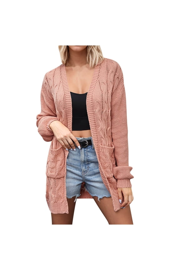 Women's Knit Sweaters V Neck Tunic Length Cardigan with Pocket Long Sleeve Stretch Open Front Outerwear Coats