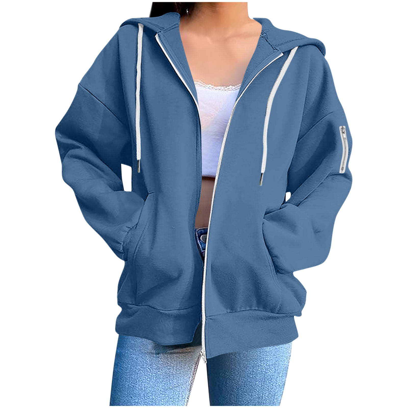 Women's Zipper Hoodies Sports Jacket Fashion Loose Hooded Sweatshirt Casual