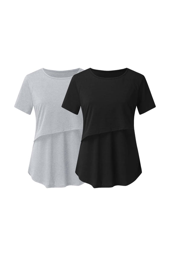 Women's Maternity Nursing Tops Over Belly Double Laye Short Sleeve Maternity Shirt Crewneck Breastfeeding Comfortable Blouses Flowy A Line Tunic Postpartum Work Clothes