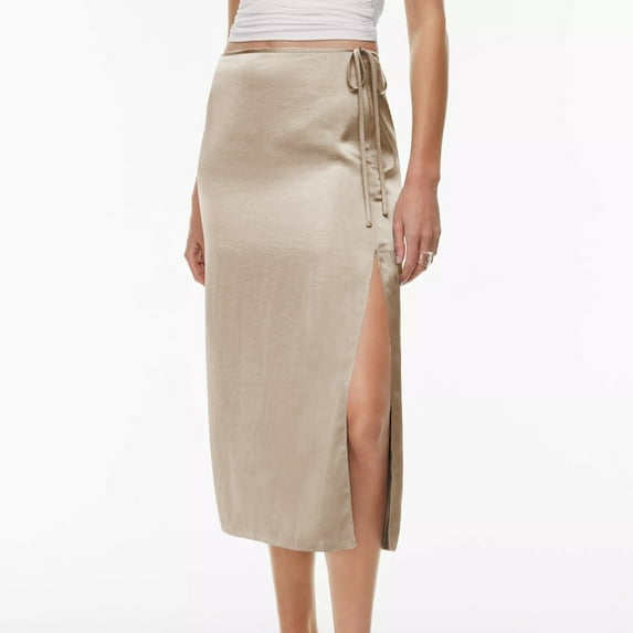 Cavosen Women's Midi Skirts in Clothing High Waisted Plain Casual Skirts Side Split Lightweight Flowy Fashion Calf Length Skirts Drawstring Work Loose Fall Winter Clothes Beige