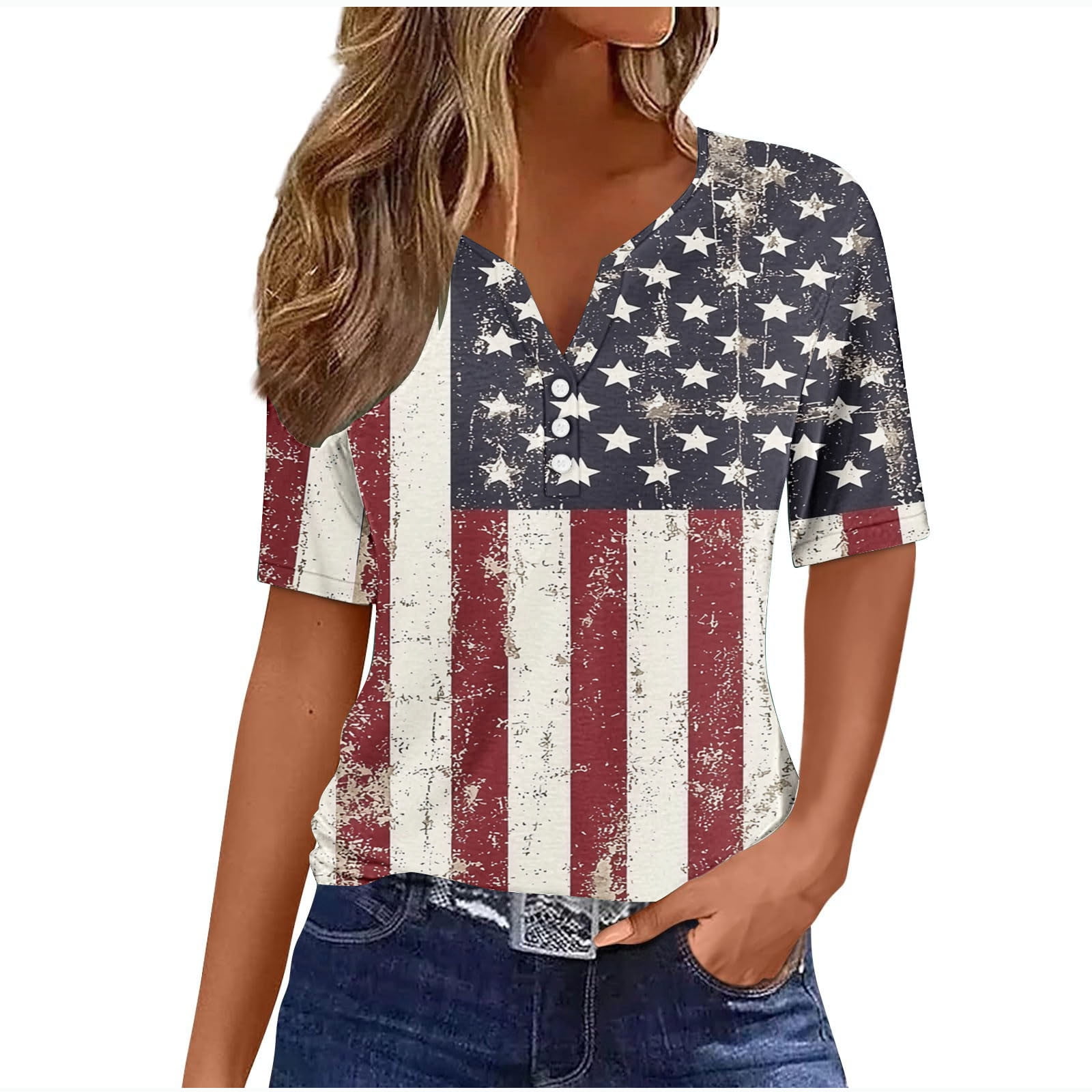 Cavosen Women's Plus Size Tops Short Sleeve V Neck Stars Stripes ...