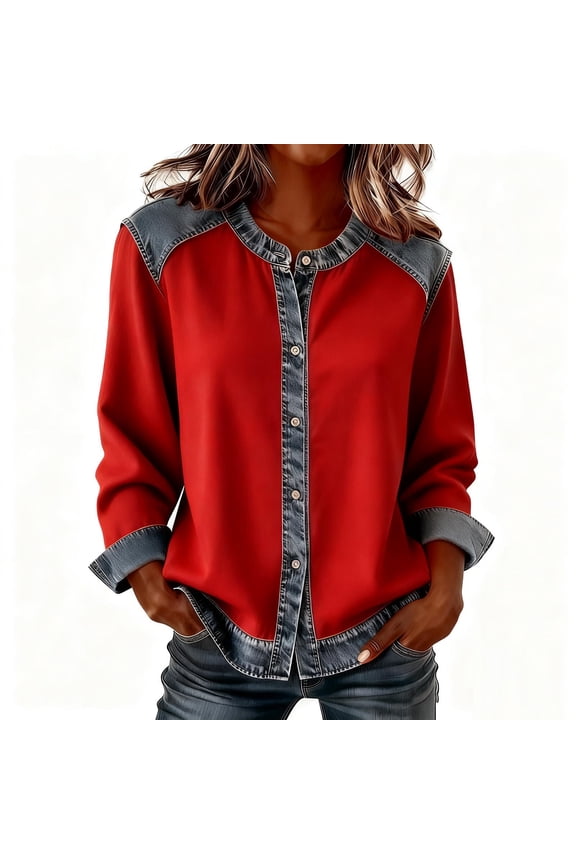Women's Pullover Sweaters Denim Crew Neck Patchwork Sweatshirt Long Sleeve Button Solid Soft Loose Shirt Comfortable Tops Red 2XL